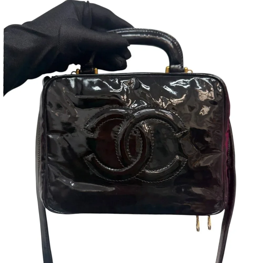 CHANEL Black Patent Leather Timeless Vanity Crossbody Bag